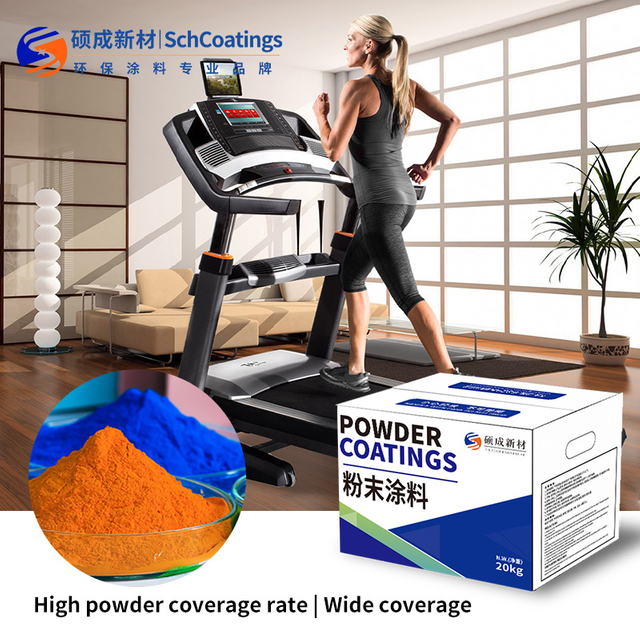 Sand textured powder coating for metal surfaces of indoor and outdoor fitness equipment, with anti slip and scratch resistance properties.